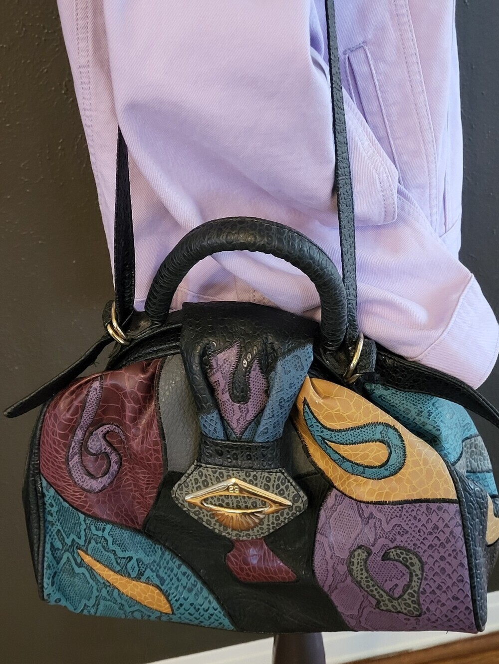 NAS Bag Faux Lizard Patchwork Vtg 80s Made In Korea Top Handle/Shoulder Strap - Picture 7 of 14